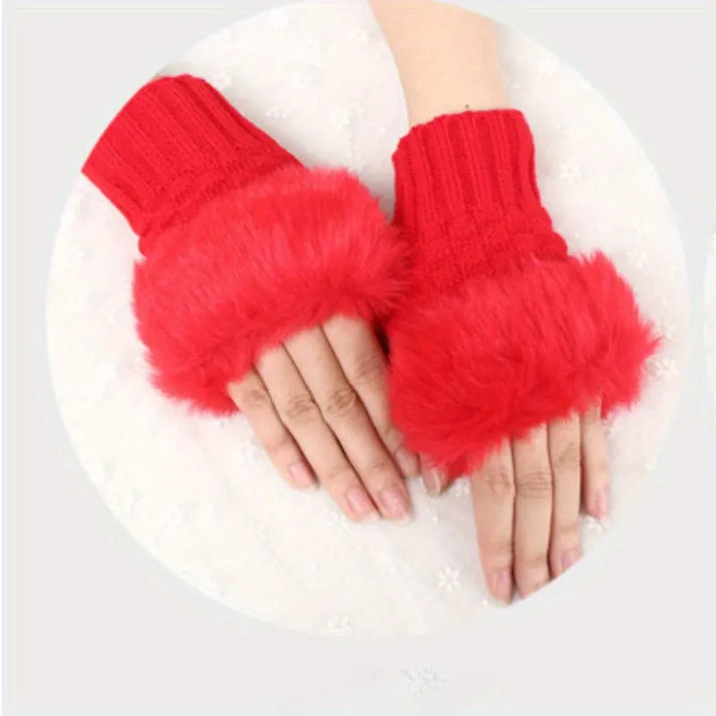 1 Pair Autumn And Winter Warm Gloves, Ladies Half Finger Gloves, Knitted Gloves With Thick Plush Open Finger Touch Screen Gloves