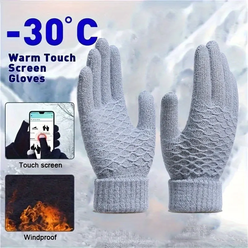 1 Pair Winter Warmth Gloves, Unisex Thermal Knit Touchscreen Gloves, Full Finger Thickened Windproof, Stretchable Acrylic Yarn, Machine Washable - Assorted Colors