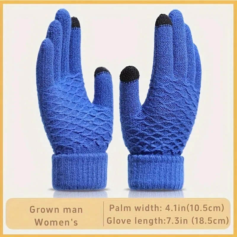 1 Pair Winter Warmth Gloves, Unisex Thermal Knit Touchscreen Gloves, Full Finger Thickened Windproof, Stretchable Acrylic Yarn, Machine Washable - Assorted Colors