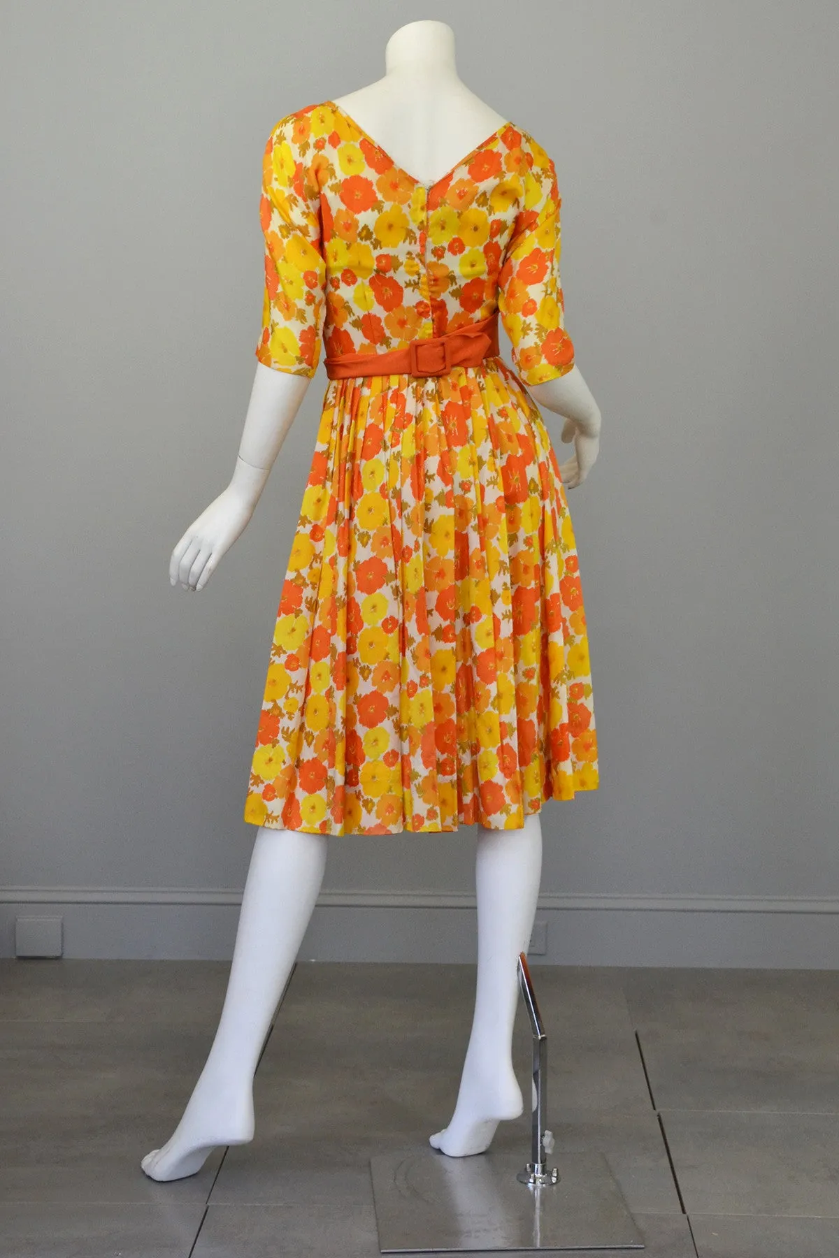 1960s Sunshine Yellow and Orange Retro Flower Print Vintage Party Dress Mad Men