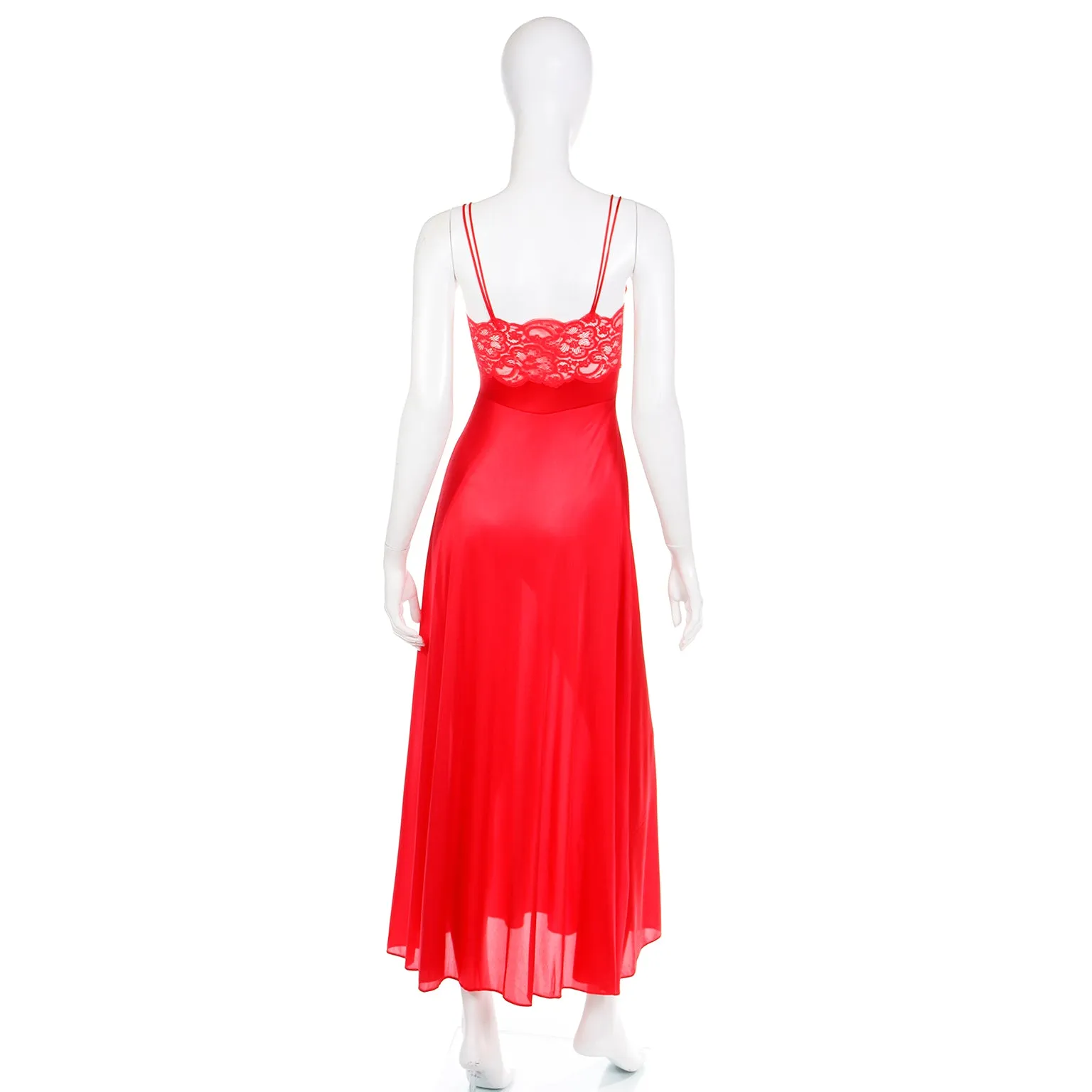 1970s Vintage Lily of France Red Nightgown Slip Dress With Lace