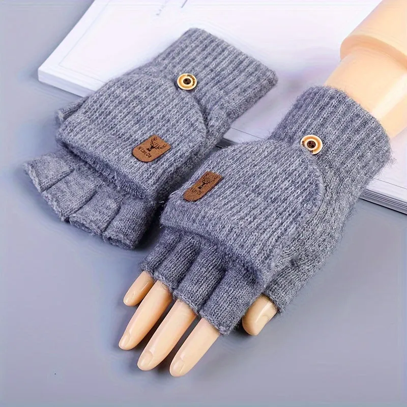 1pair Knitted Half Finger Gloves Winter Thicken Warm Touch Screen Gloves For Men Women