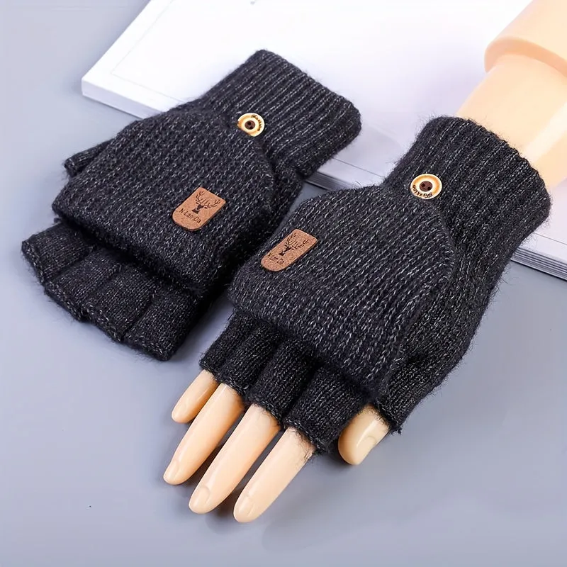 1pair Knitted Half Finger Gloves Winter Thicken Warm Touch Screen Gloves For Men Women