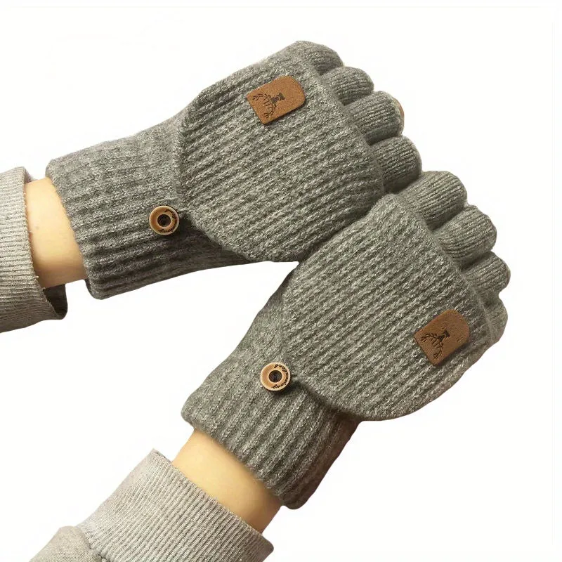 1pair Knitted Half Finger Gloves Winter Thicken Warm Touch Screen Gloves For Men Women