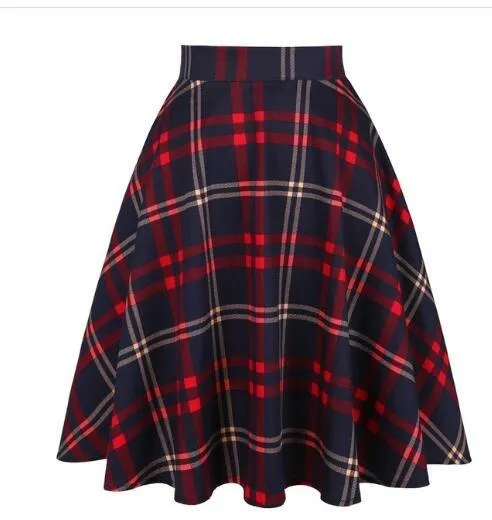 2021 School Checkered Plaid Casual Skirt Women Red and White 50s High Waist Rockabilly Cotton Summer Vintage Swing Women Skirts