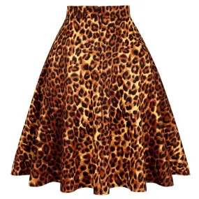 2021 Summer Women Short 50s 60s Skirts Retro Vintage Leopard Printed High Waist School Girls Swing Rockabilly Casual Sundress