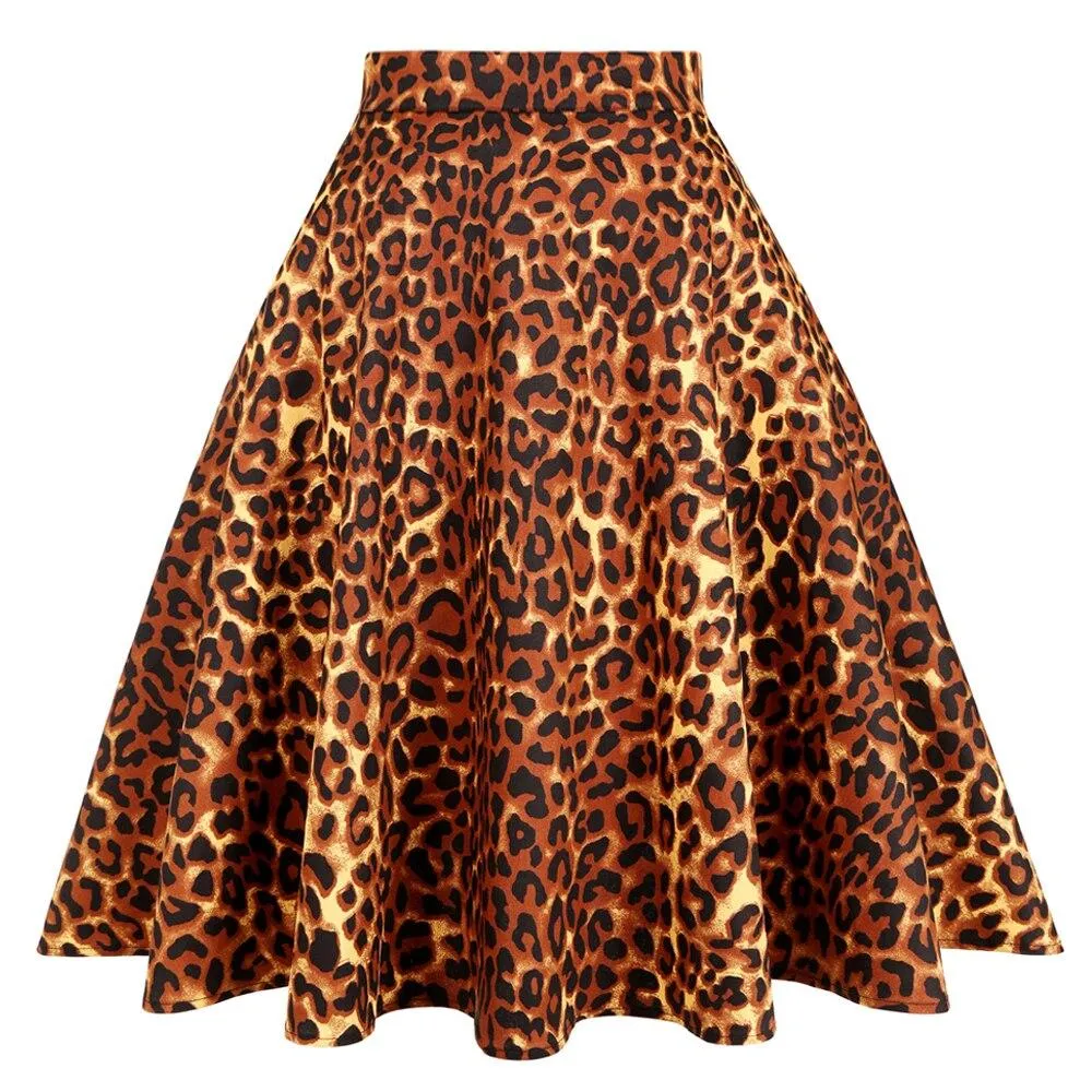 2021 Summer Women Short 50s 60s Skirts Retro Vintage Leopard Printed High Waist School Girls Swing Rockabilly Casual Sundress