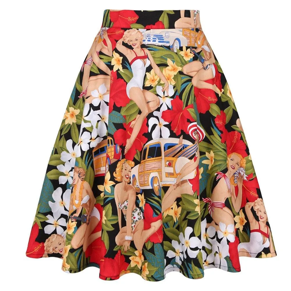 2021 Women Retro Vintage High Waist Skirts 50s Big Swing Keen Length Elegant Skater School Lady Girl's A-Line Skirt Faldas Mujer