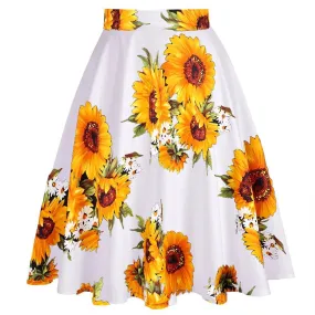 2023 Cotton Retro Vintage Women Swing Skirt Sunflower Printed Plus Size A-Line Knee-Length High Waist Big Swing 60s 50s Skirts