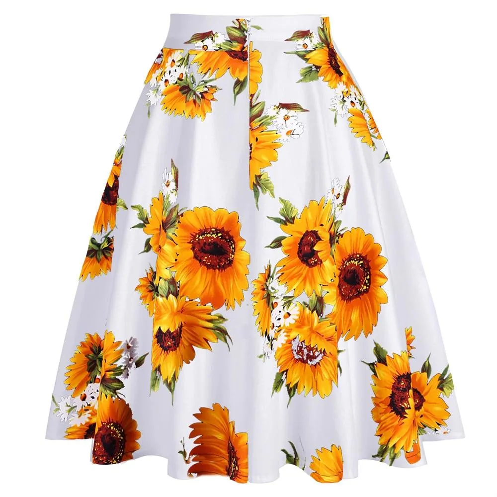 2023 Cotton Retro Vintage Women Swing Skirt Sunflower Printed Plus Size A-Line Knee-Length High Waist Big Swing 60s 50s Skirts