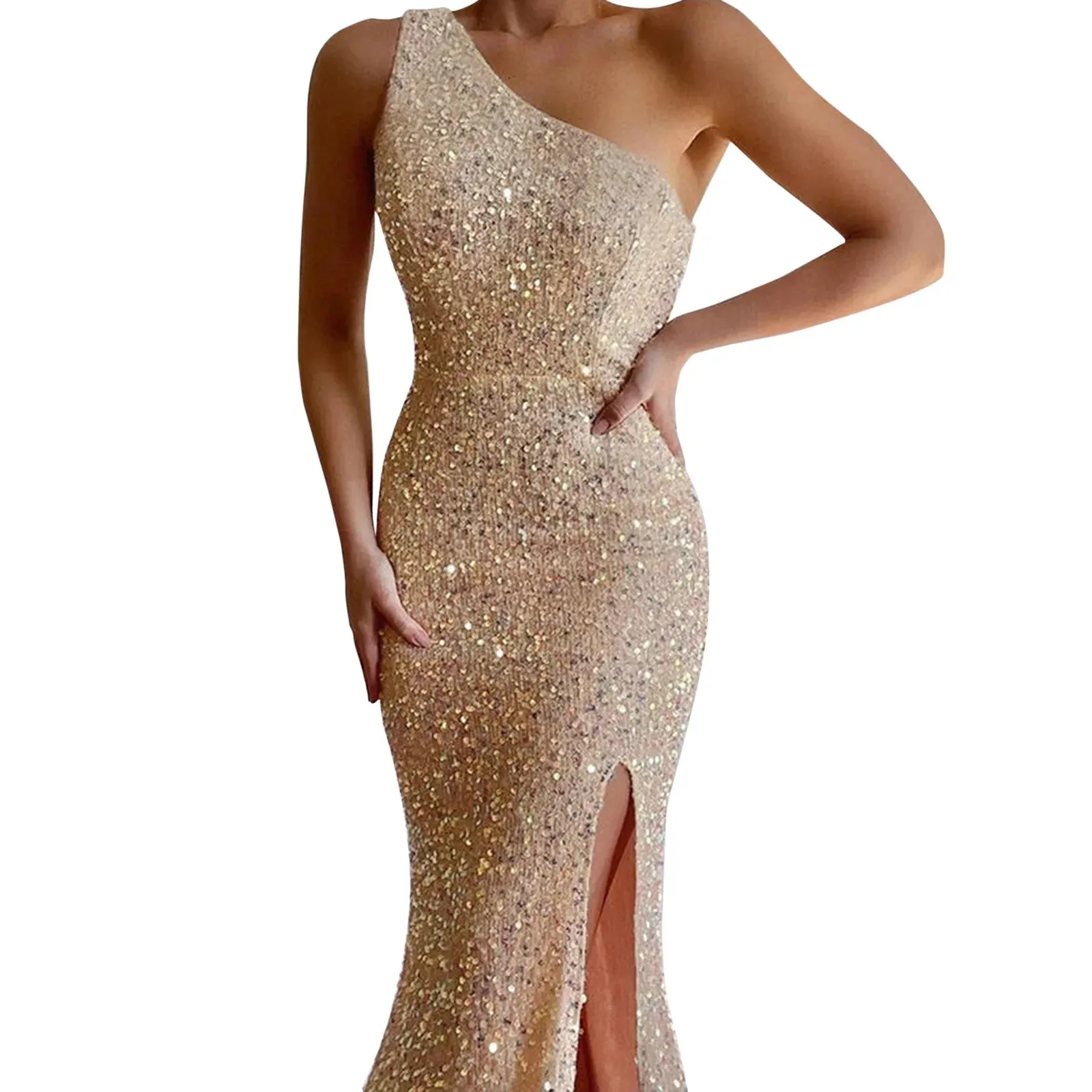 2024 Classy One Shoulder Glitter Side Slit Sleeveless Midi Dress