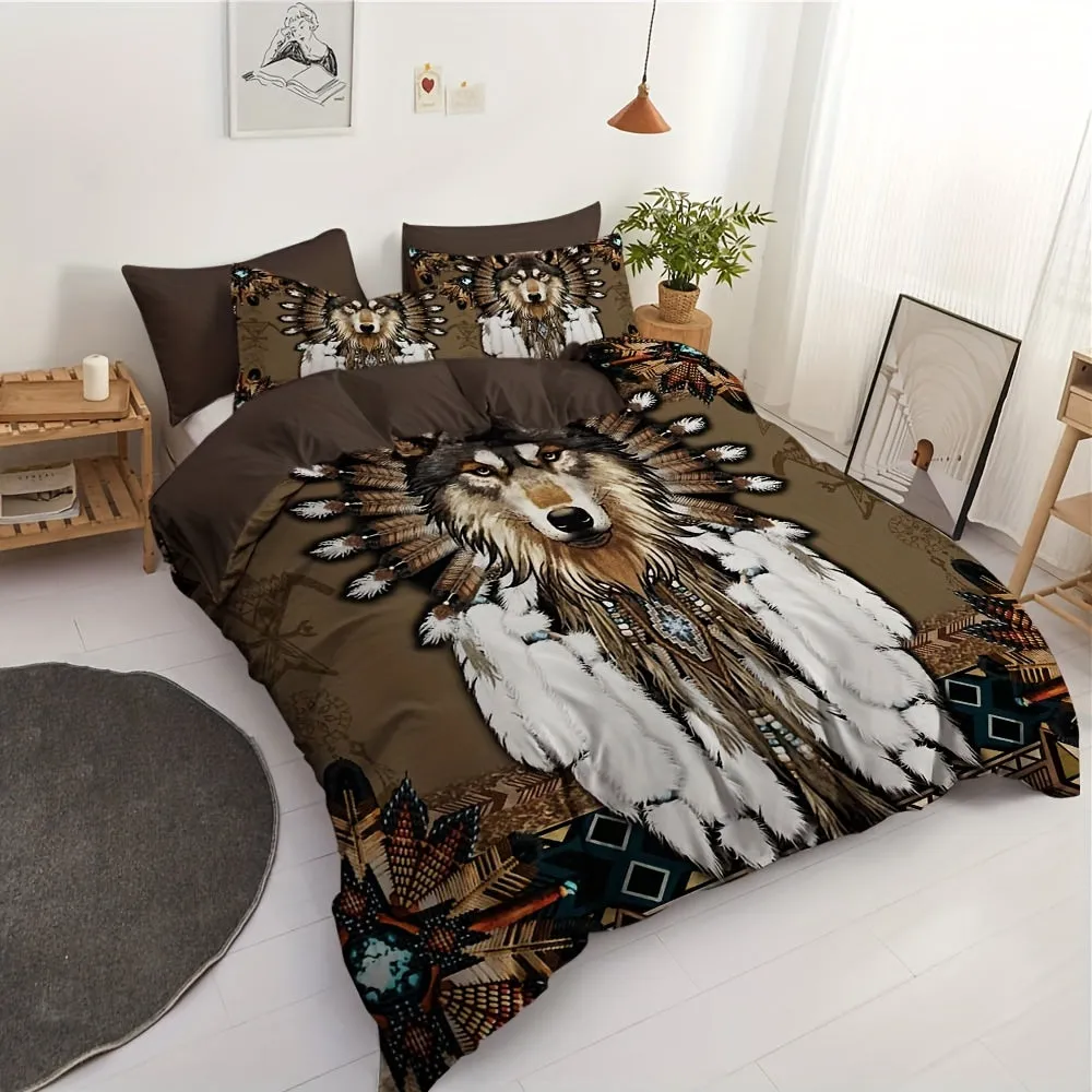 2/3pcs Dreamcatcher Bedding Set - Soft, Comfortable, Ethnic-Inspired Duvet Cover Set with Wolf Pattern for Country-Style Bedroom Decoration - 1 Duvet Cover   1/2 Pillowcase, Coreless, Easy Care, Hypoallergenic, and Breathable