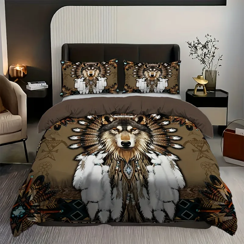 2/3pcs Dreamcatcher Bedding Set - Soft, Comfortable, Ethnic-Inspired Duvet Cover Set with Wolf Pattern for Country-Style Bedroom Decoration - 1 Duvet Cover   1/2 Pillowcase, Coreless, Easy Care, Hypoallergenic, and Breathable