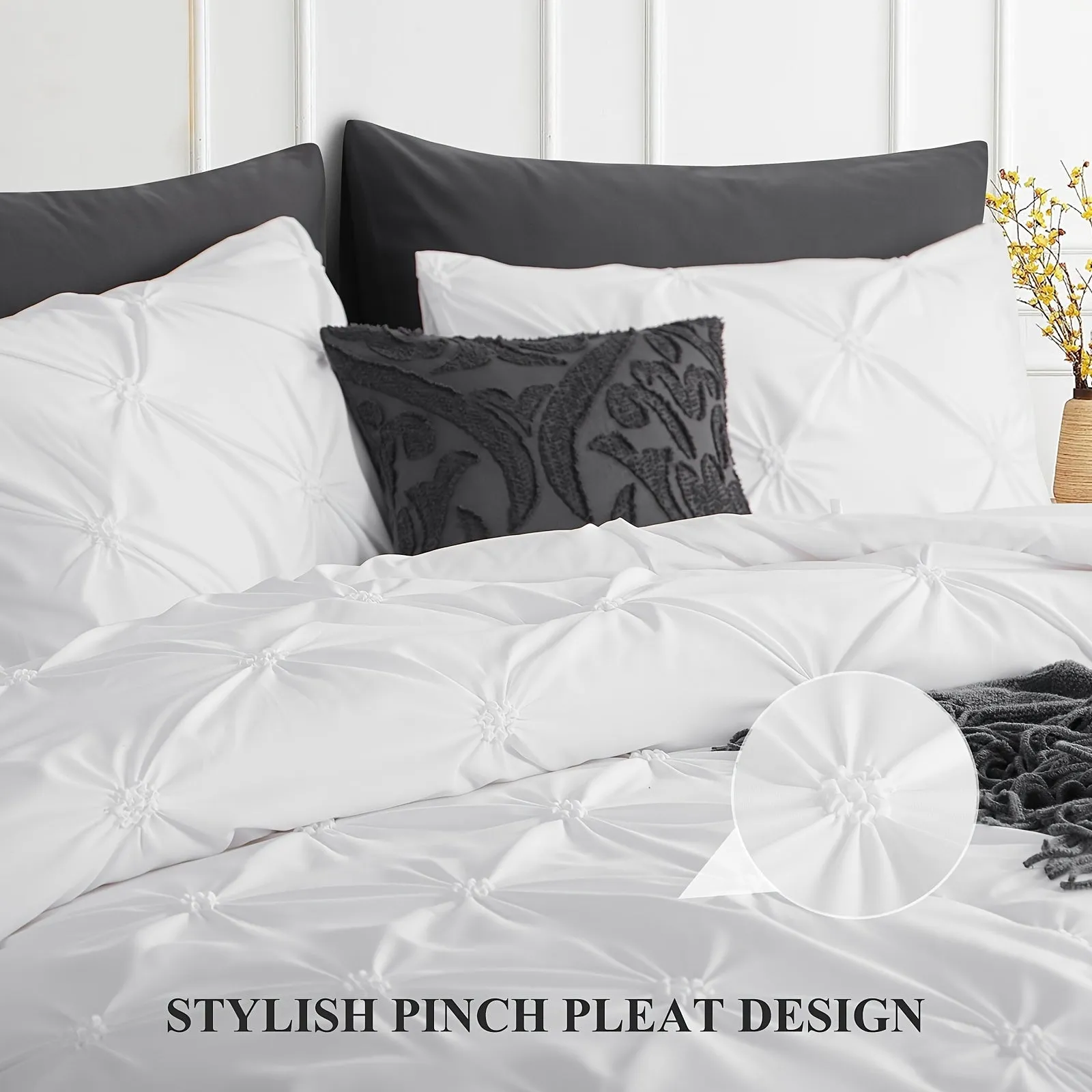 2/3pcs Pintuck Luxury Comforter Set - Soft, Lightweight, Anthracite Grey Pinch Pleated Design, Down Alternative Filling, All-Season, Queen Size Bed, 2 Pillow Shams Included, Easy Care, Hypoallergenic, and Breathable