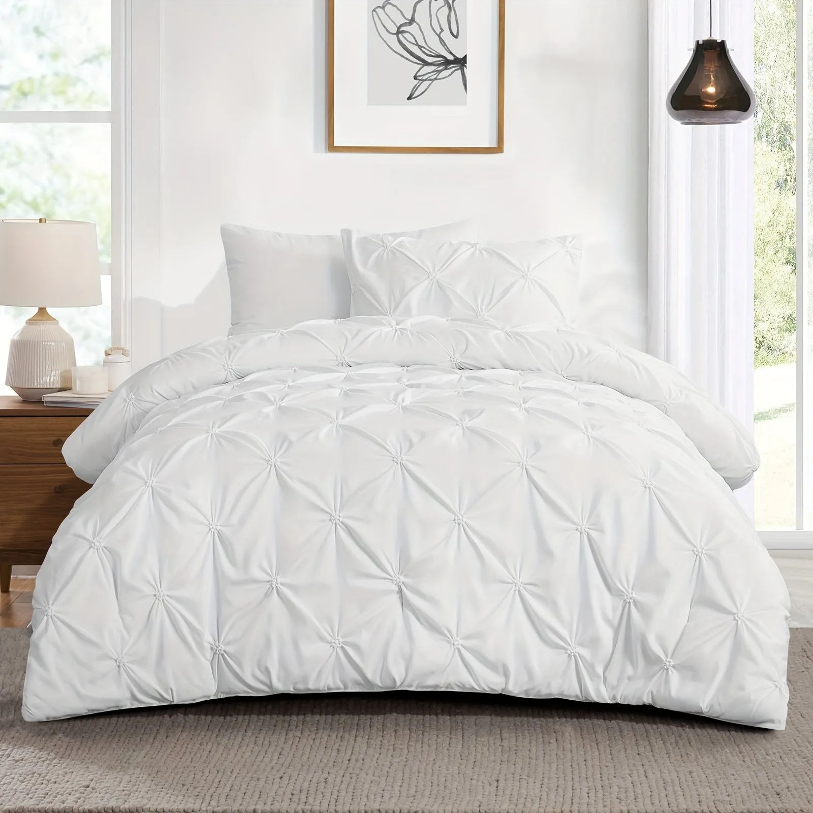 2/3pcs Pintuck Luxury Comforter Set - Soft, Lightweight, Anthracite Grey Pinch Pleated Design, Down Alternative Filling, All-Season, Queen Size Bed, 2 Pillow Shams Included, Easy Care, Hypoallergenic, and Breathable