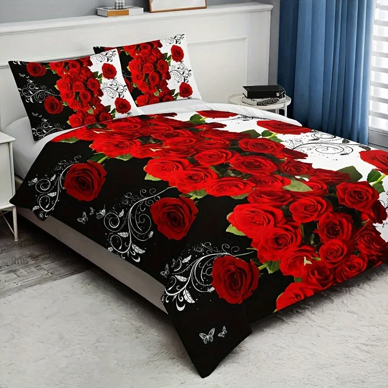 3pc Romantic Red Rose Duvet Cover Set - Luxuriously Soft & Comfortable Bedding - Vibrant Floral Print - Hypoallergenic, Guest Room Ready (1 Duvet Cover   2 Pillowcases, No Core)