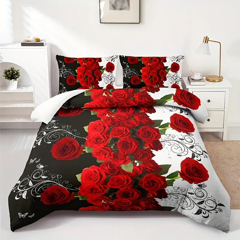 3pc Romantic Red Rose Duvet Cover Set - Luxuriously Soft & Comfortable Bedding - Vibrant Floral Print - Hypoallergenic, Guest Room Ready (1 Duvet Cover   2 Pillowcases, No Core)