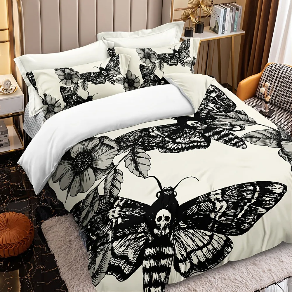 3pcs/set Deaths Head Moth & Flower Luxury Duvet Cover Set - Soft Hypoallergenic Bedding for a Dreamy Sleep - 1 Duvet   2 Pillowcases, Breathable & Stylish Design, Easy Care, Machine Washable