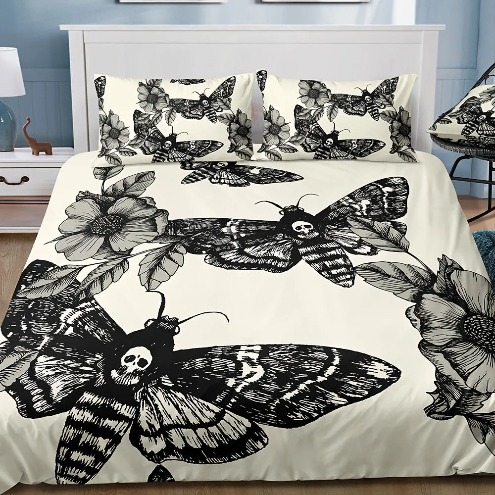 3pcs/set Deaths Head Moth & Flower Luxury Duvet Cover Set - Soft Hypoallergenic Bedding for a Dreamy Sleep - 1 Duvet   2 Pillowcases, Breathable & Stylish Design, Easy Care, Machine Washable