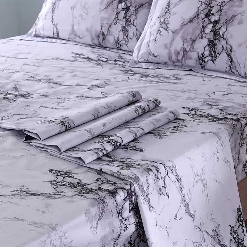 4-Piece Marble Brushed Fitted Sheet Set - Soft, Breathable, and Hypoallergenic Stone Pattern Bedding with Deep Pockets - Luxurious Bedding for Bedroom and Guest Room