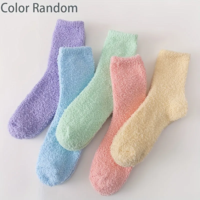 5/10 Pairs Of Teenager's Solid Fleece Crew Socks, Comfy Breathable Casual Thermal Socks, Winter & Autumn