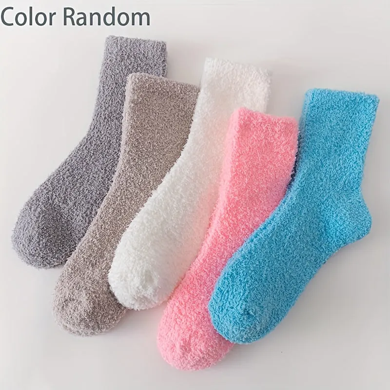 5/10 Pairs Of Teenager's Solid Fleece Crew Socks, Comfy Breathable Casual Thermal Socks, Winter & Autumn