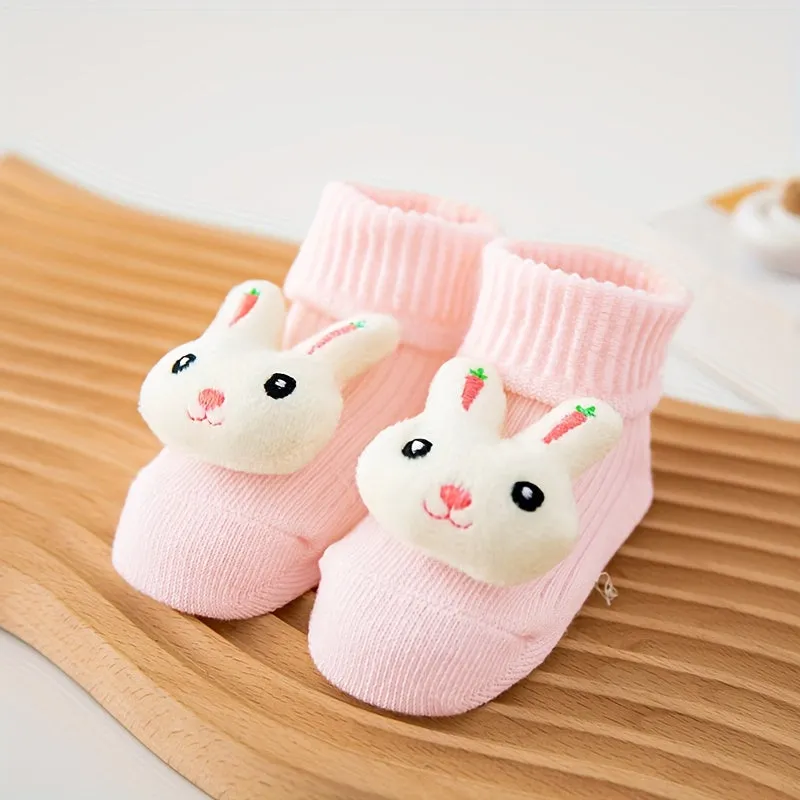 A Pair Of Baby Girl's Trendy Animals Pattern Non Slip Floor Socks, Comfy Breathable Casual Thermal Socks, Winter