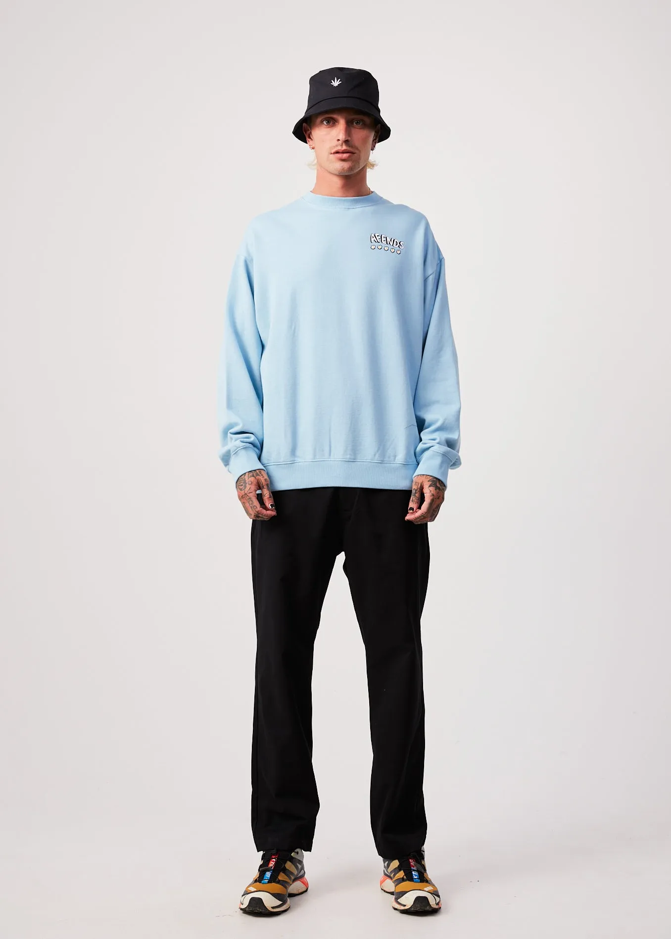 AFENDS Mens Flowers - Crew Neck Jumper - Sky Blue