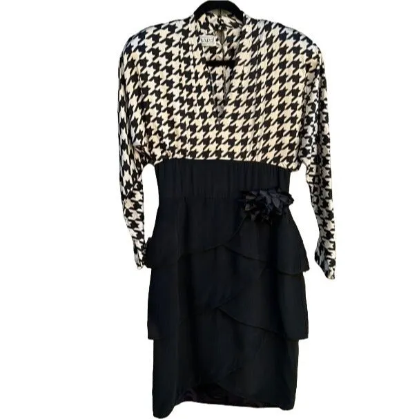 AJ Bari Vintage 80s Silk Deep V Empire Waist Houndstooth Tiered Tulip Midi Dress