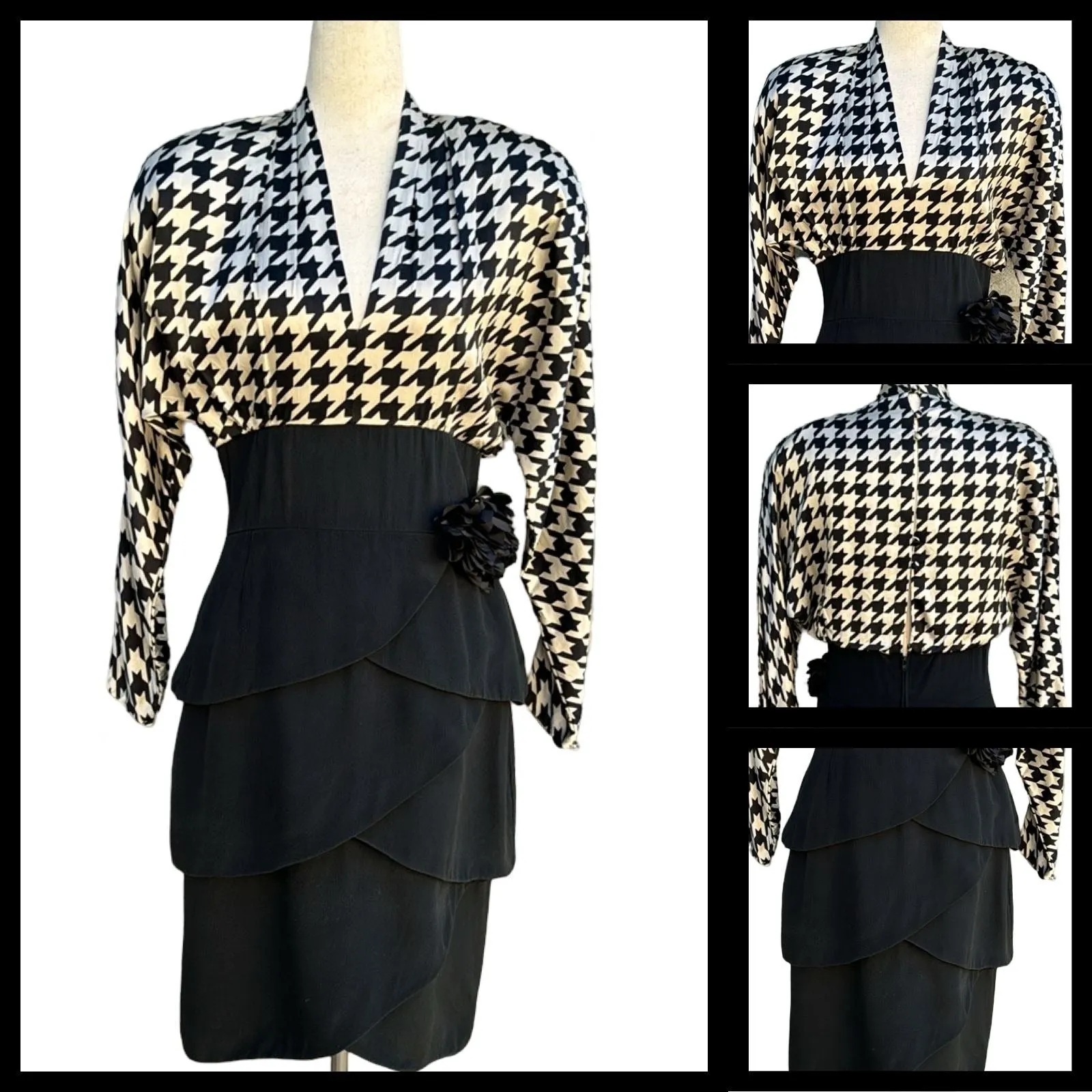 AJ Bari Vintage 80s Silk Deep V Empire Waist Houndstooth Tiered Tulip Midi Dress