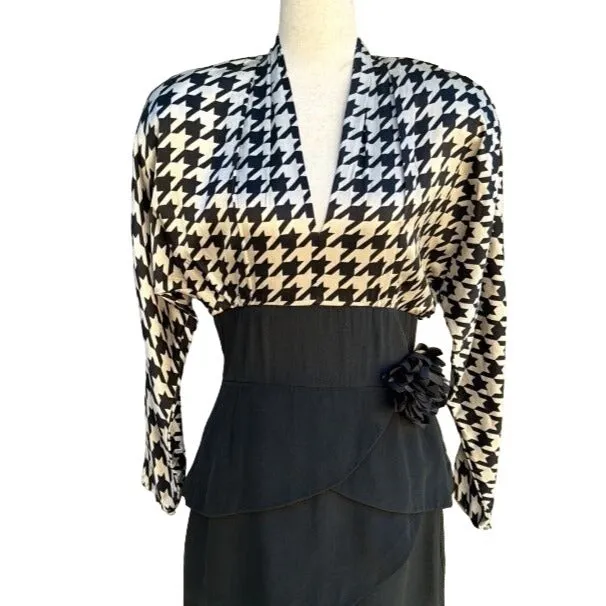 AJ Bari Vintage 80s Silk Deep V Empire Waist Houndstooth Tiered Tulip Midi Dress