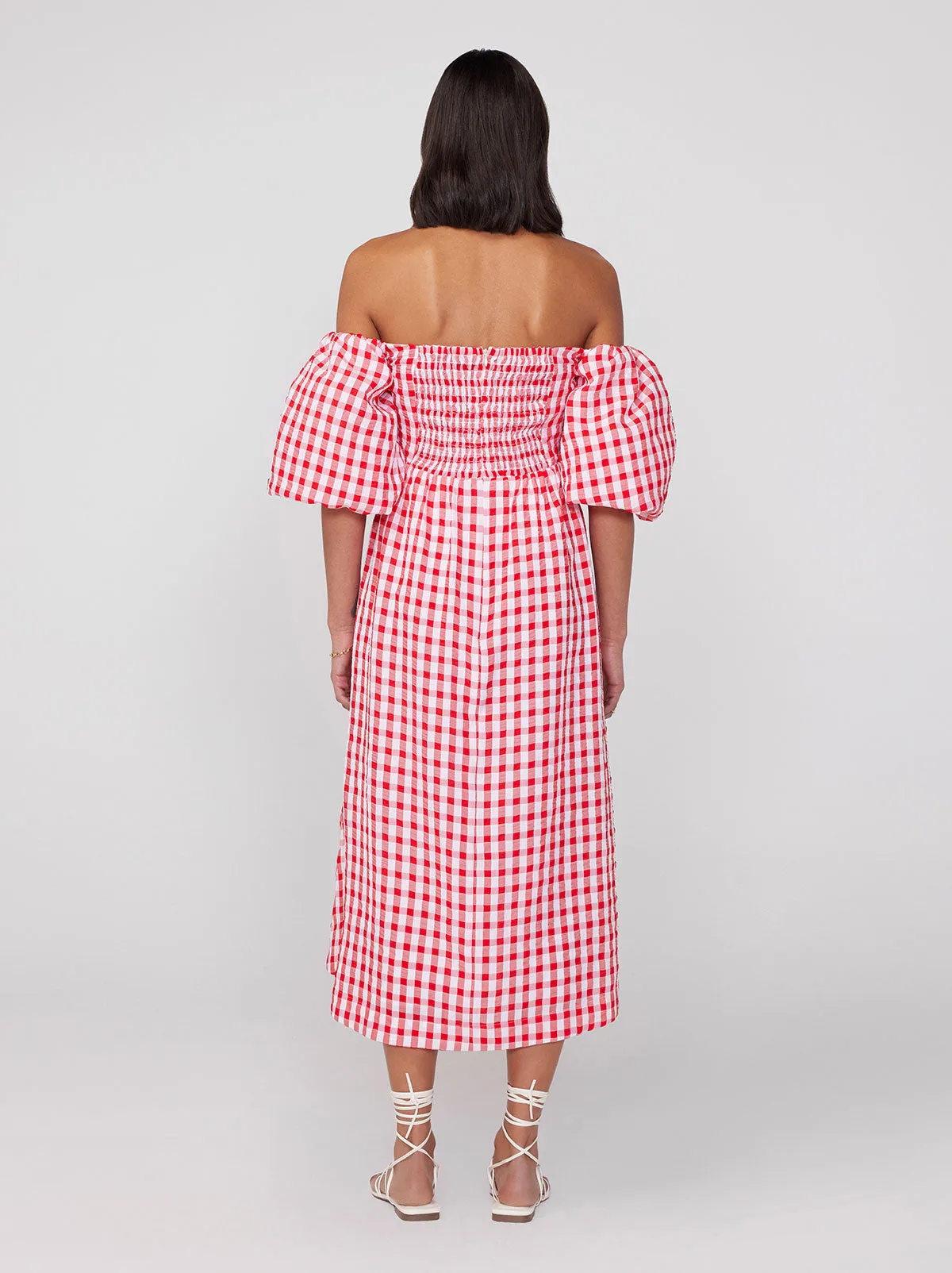 Alexis Red Gingham Bardot Midi Dress