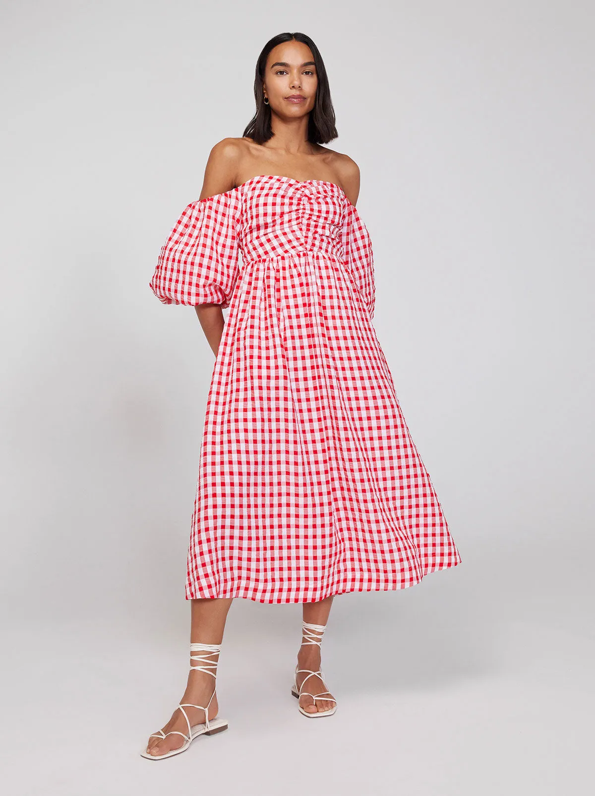 Alexis Red Gingham Bardot Midi Dress