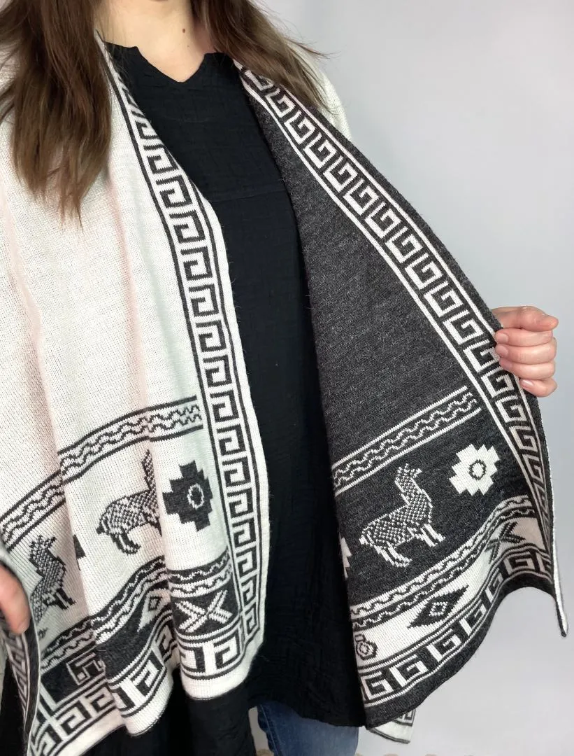 Alpaca Reversible Shawl - Women's Ruana Wrap - Gray and White, Peru