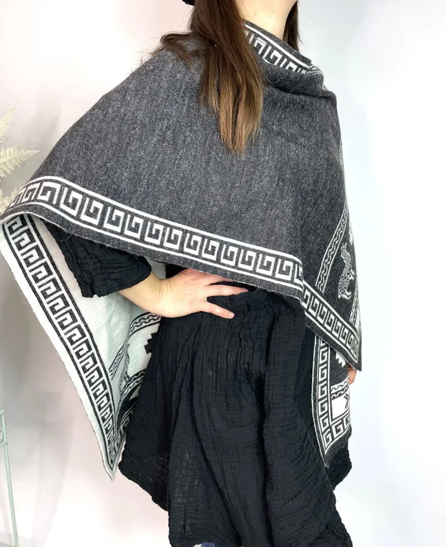 Alpaca Reversible Shawl - Women's Ruana Wrap - Gray and White, Peru