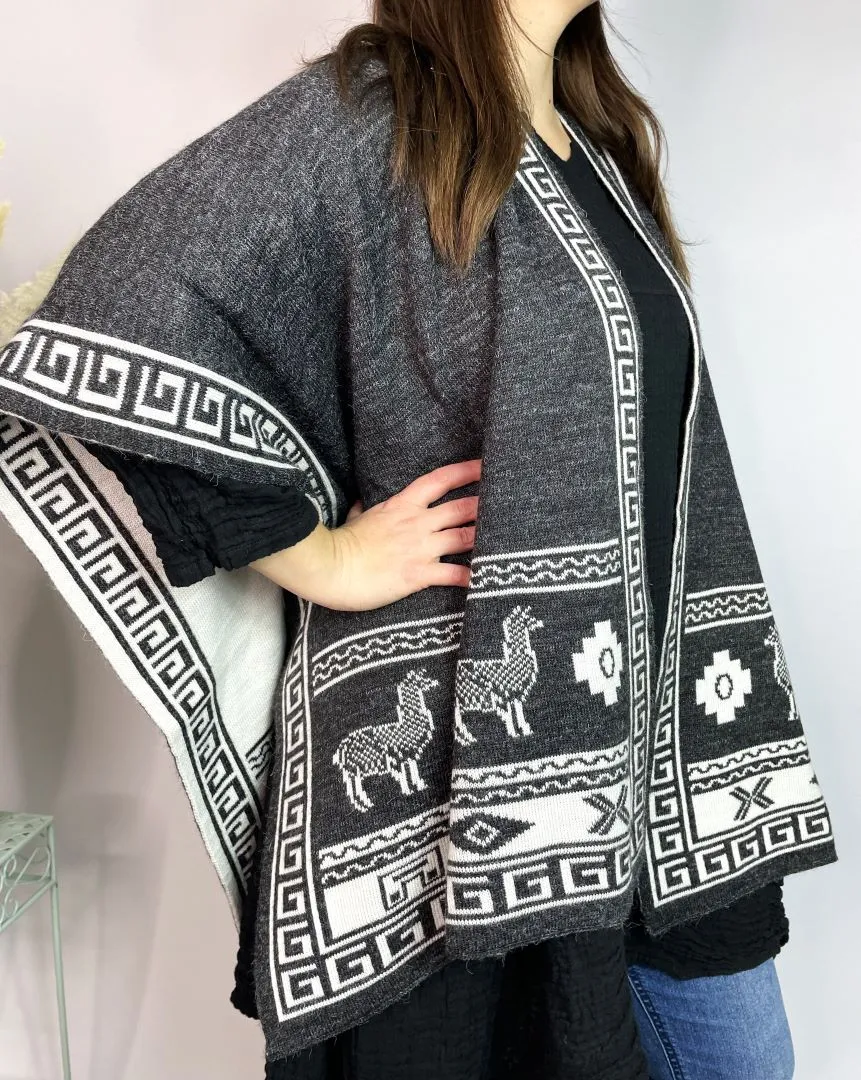 Alpaca Reversible Shawl - Women's Ruana Wrap - Gray and White, Peru