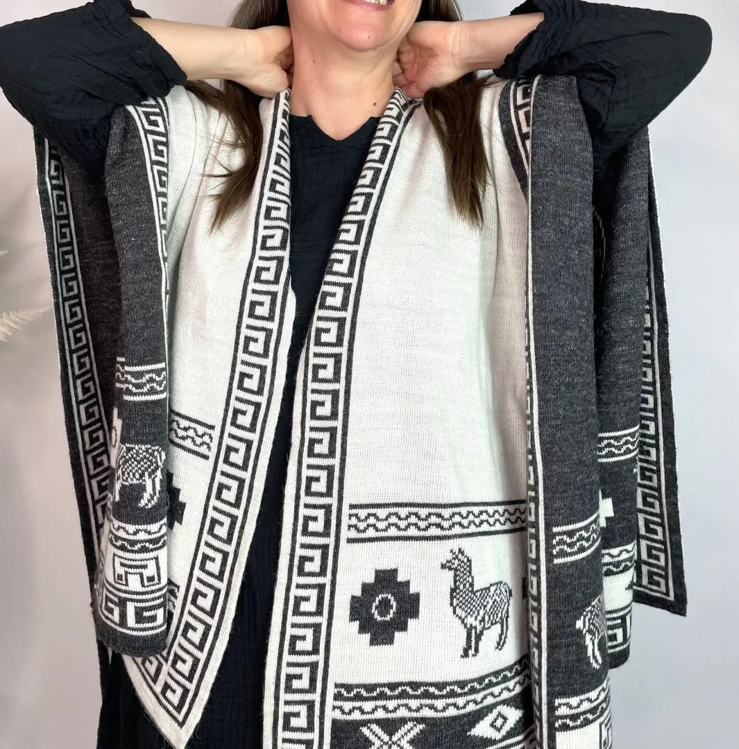 Alpaca Reversible Shawl - Women's Ruana Wrap - Gray and White, Peru