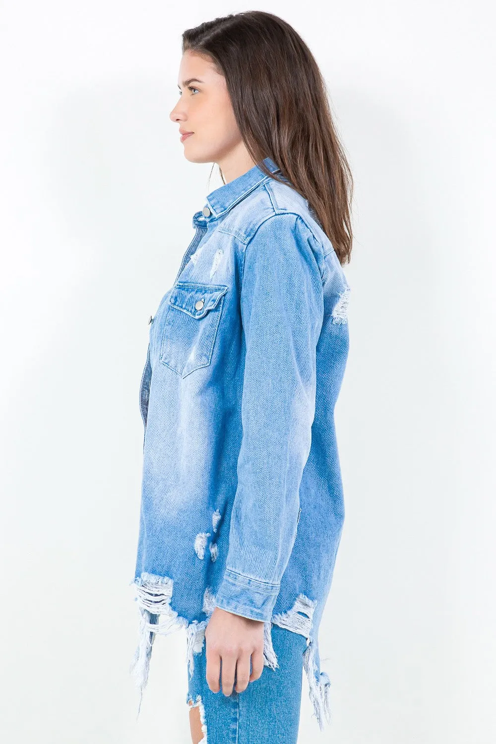 American Bazi Frayed Hem Distressed Denim Shacket