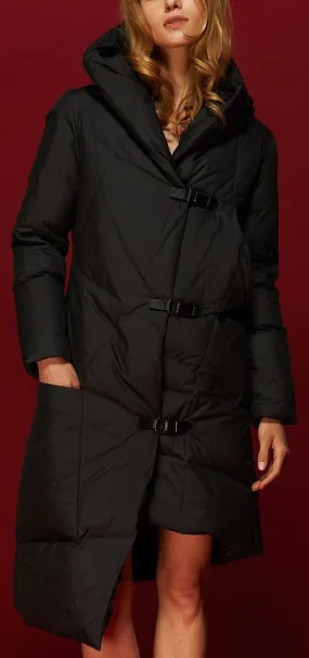 Asymmetric Buckled Hooded Puffer Down Coat in Black