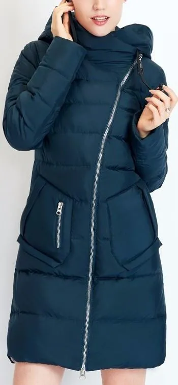 Asymmetric Zip Puffer Down Coat in Blue