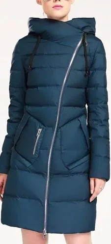 Asymmetric Zip Puffer Down Coat in Blue