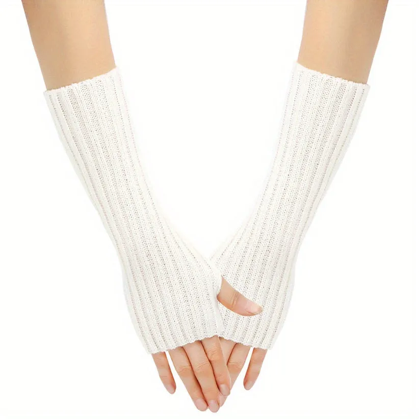 Autumn Winter Woolen Long Gloves: Solid Color, Vertical Striped, Stretch Knitted Sleeves with Thumb Hole, Half Finger Exposed, Warm Arm Sleeve Gloves - Ladies Fashion, Elastic, Relaxed Wear