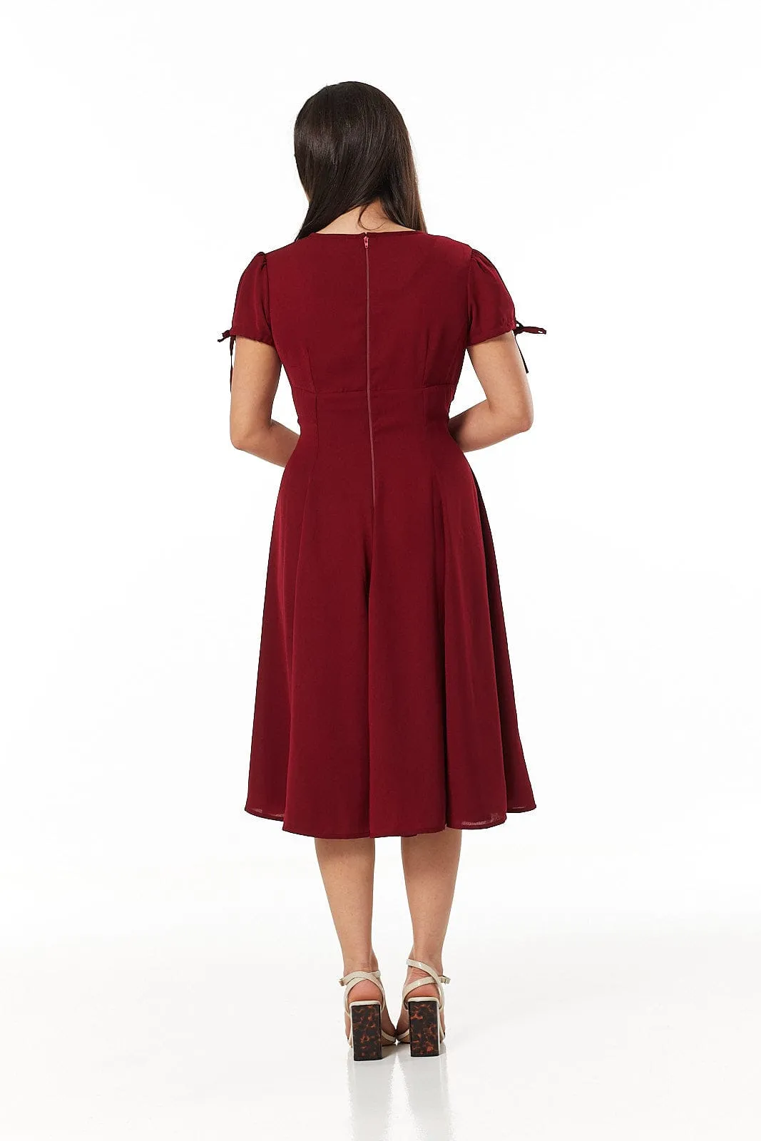 Ava Burgandy Midi Dress hand embroidery and Empire Waist