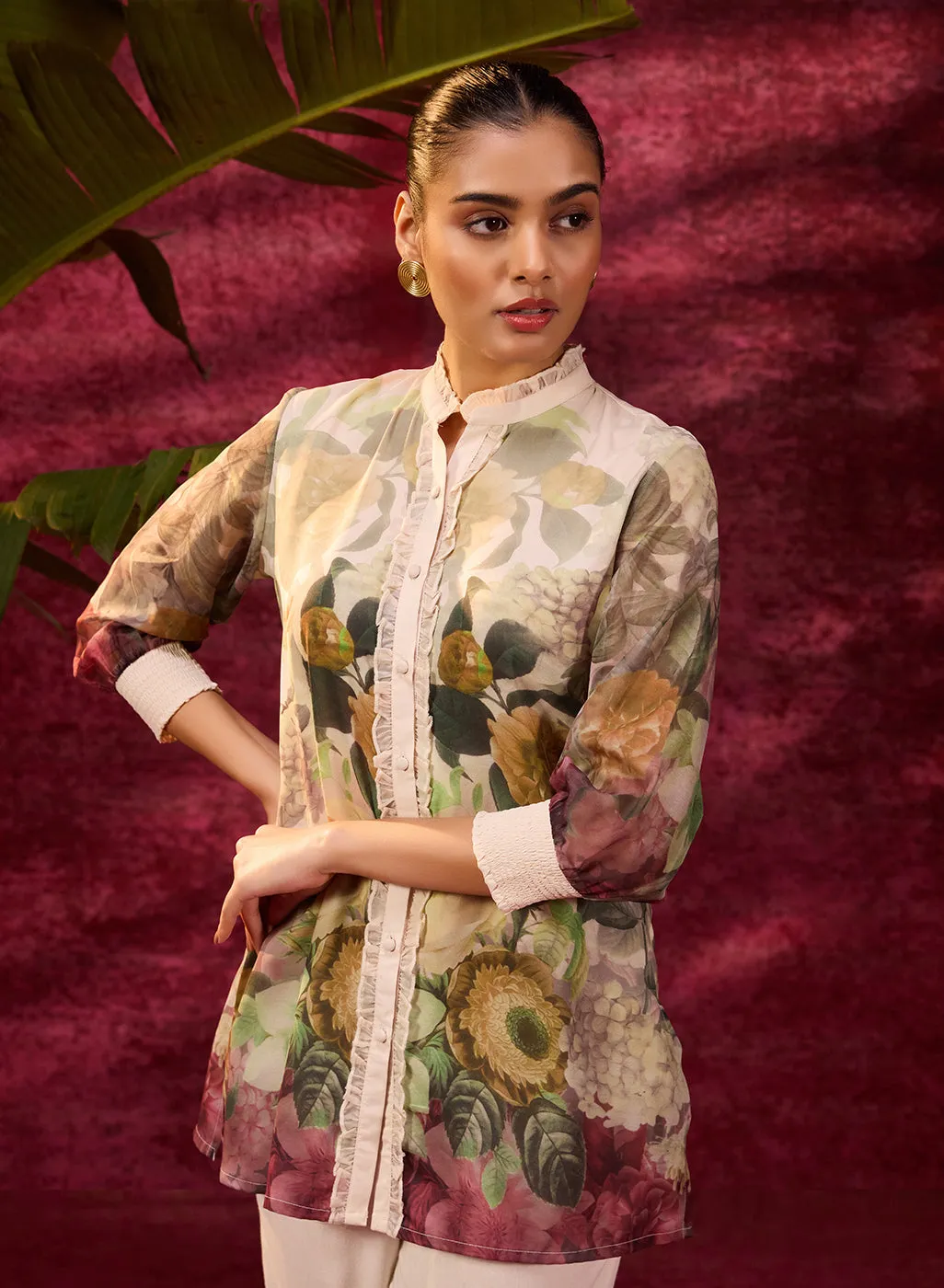 Ayeza Green Printed Crepe Shirt for Women