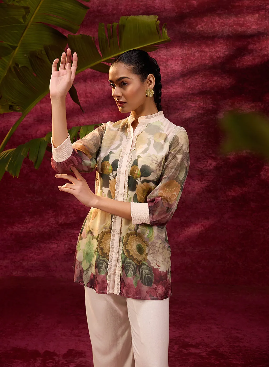 Ayeza Green Printed Crepe Shirt for Women