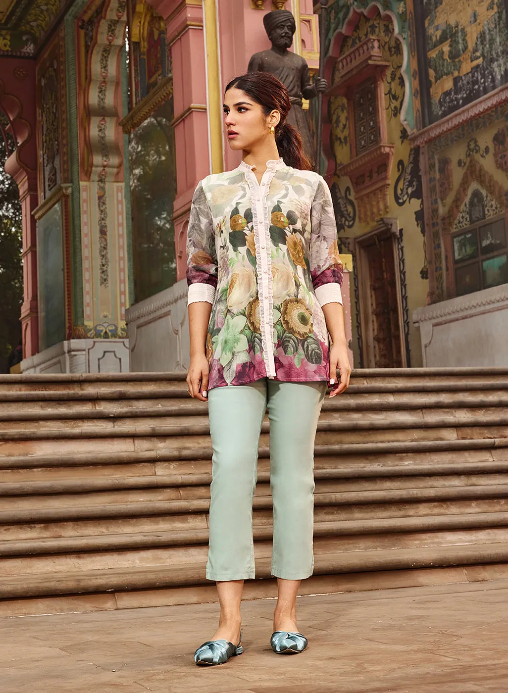 Ayeza Green Printed Crepe Shirt for Women