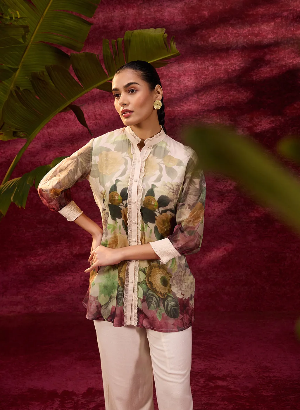 Ayeza Green Printed Crepe Shirt for Women