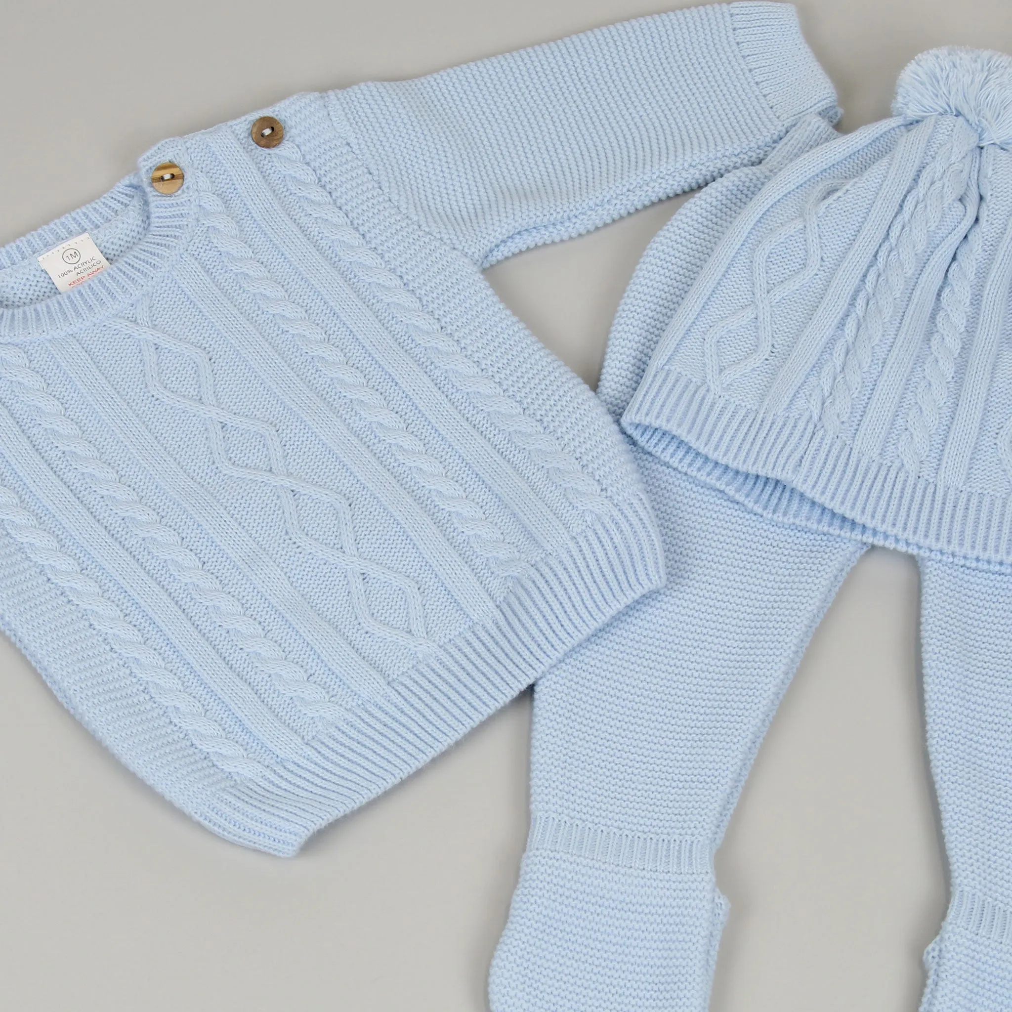 Baby Boys 3 Piece Knitted Outfit - Trousers, Jumper & Pom Hat - Blue