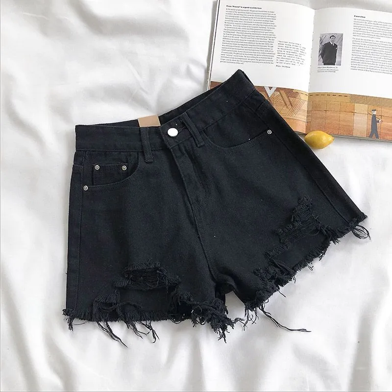 BerryBetty - Casual High Waist Denim Shorts Women Summer  Pocket Tassel Hole Ripped jeans Short Female Femme Short Pants Women