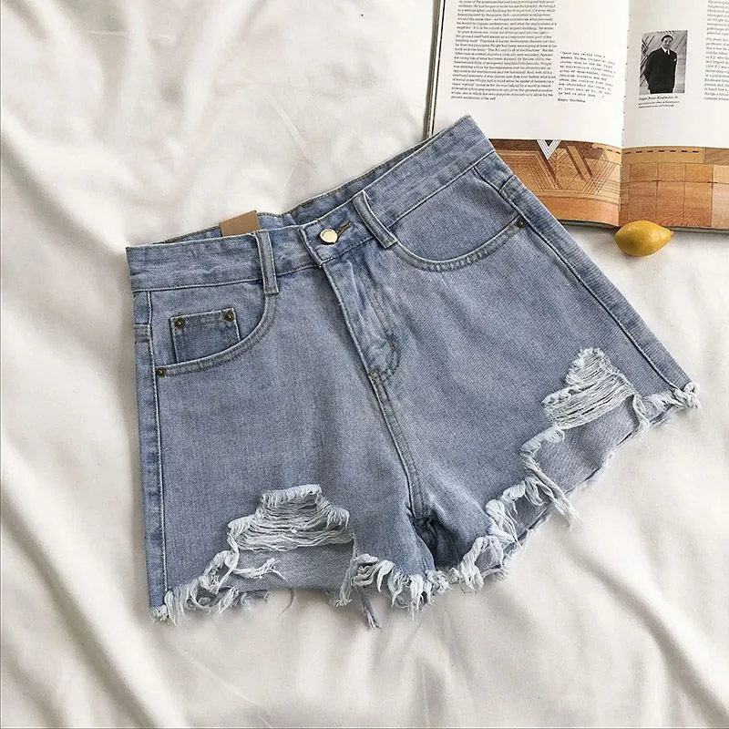 BerryBetty - Casual High Waist Denim Shorts Women Summer  Pocket Tassel Hole Ripped jeans Short Female Femme Short Pants Women